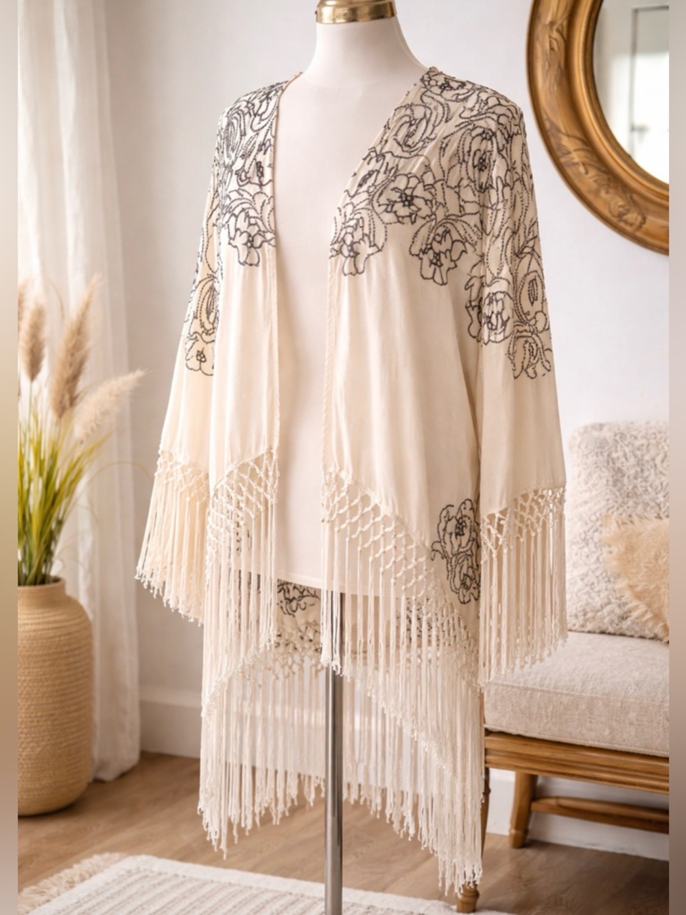 Anna Sui Cream and Black Floral Embroidered Cardigan XL Fringed Cover Up